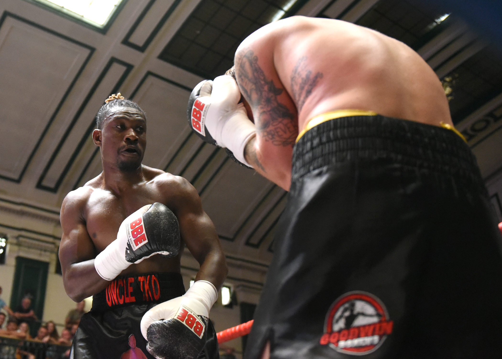 Tunji Ogunniya squaring up to an opponent mid-exchange